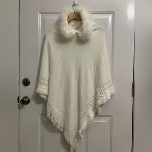 Pinklicious -white knit poncho, with faux fur hoodie